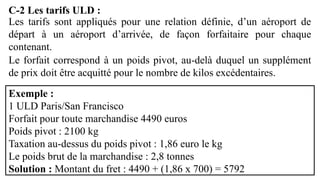 C-2 Les tarifs ULD :
Les tarifs sont appliqués pour une relation définie, d’un aéroport de
départ à un aéroport d’arrivée, de façon forfaitaire pour chaque
contenant.
Le forfait correspond à un poids pivot, au-delà duquel un supplément
de prix doit être acquitté pour le nombre de kilos excédentaires.
Exemple :
1 ULD Paris/San Francisco
Forfait pour toute marchandise 4490 euros
Poids pivot : 2100 kg
Taxation au-dessus du poids pivot : 1,86 euro le kg
Le poids brut de la marchandise : 2,8 tonnes
Solution : Montant du fret : 4490 + (1,86 x 700) = 5792
 