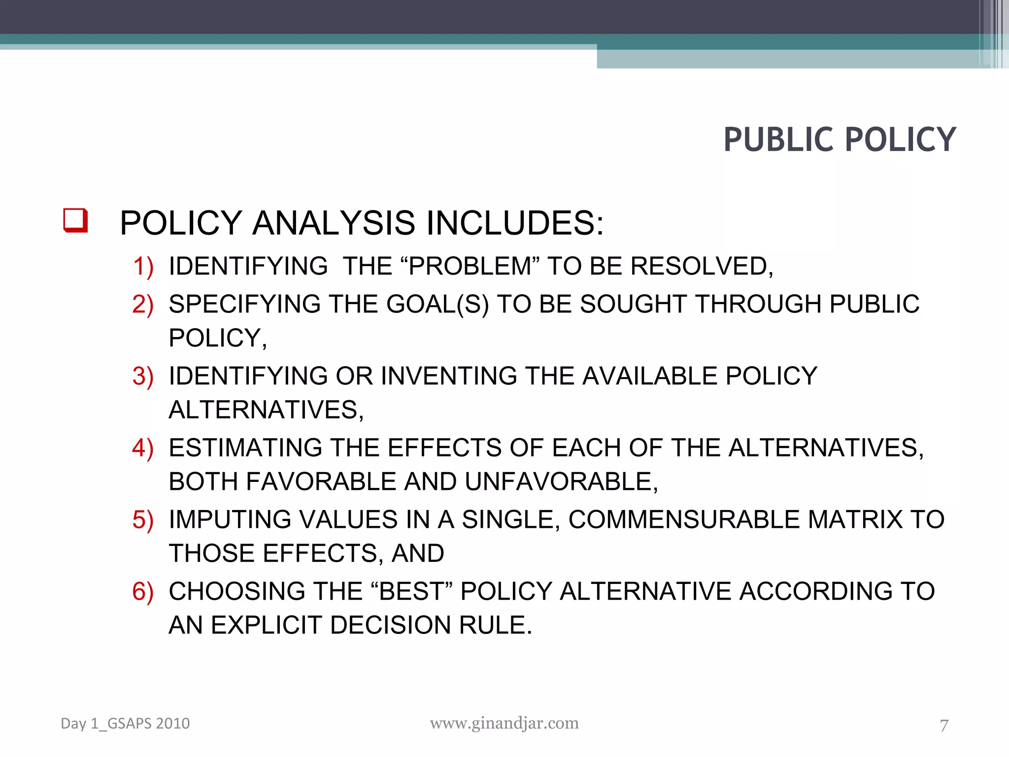 POLICY ANALYSIS INCLUDES: IDENTIFYING  THE “PROBLEM” TO BE RESOLVED,  SPECIFYING THE GOAL(S) TO BE SOUGHT THROUGH PUBLIC POLICY,  IDENTIFYING OR INVENTING THE AVAILABLE POLICY ALTERNATIVES,  ESTIMATING THE EFFECTS OF EACH OF THE ALTERNATIVES, BOTH FAVORABLE AND UNFAVORABLE,  IMPUTING VALUES IN A SINGLE, COMMENSURABLE MATRIX TO THOSE EFFECTS, AND  CHOOSING THE “BEST” POLICY ALTERNATIVE ACCORDING TO AN EXPLICIT DECISION RULE.  PUBLIC POLICY Day 1_GSAPS 2010 www.ginandjar.com 