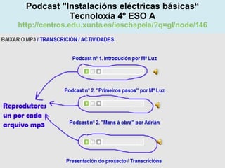Proxecto de aprendizaxe colaborativo con TIC: Proxecto  Podcast  (Falangullo) Podcast "Instalacións eléctricas básicas“ Tecnoloxía 4º ESO A http://centros.edu.xunta.es/ieschapela/?q=gl/node/146 
