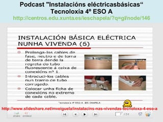 Proxecto de aprendizaxe colaborativo con TIC: Proxecto  Podcast  (Falangullo) Podcast "Instalacións eléctricasbásicas“ Tecnoloxía 4º ESO A http://centros.edu.xunta.es/ieschapela/?q=gl/node/146 http://www.slideshare.net/mveiguela/instalacins-nas-vivendas-tecnoloxa-4-eso-a 