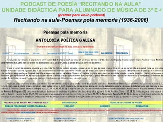 Proxecto de aprendizaxe colaborativo con TIC: Proxecto  Podcast  (Falangullo) PODCAST DE POESÍA “RECITANDO NA AULA”  UNIDADE DIDÁCTICA PARA ALUMNADO DE MÚSICA DE 3º E 4º DA ESO  (premer para ve-lo podcast) Recitando na aula-Poemas pola memoria (1936-2006)   