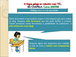 A lingua galega en relación coas TIC.  IES CHAPELA .  Curso 2007/08 Weblog  espazo na rede  moi sinxelo Weblog  espazo na rede  moi sinxelo Neste documento o que poderás atopar é unha pequena guía para realizar un blog. Atoparás  unha ferramenta  que che pode facilitar o proceso. Tamén amosamos outras ferramentas e posibilidades de publicación…e  unha mostra dos nosos blogs Atoparás algúns dos obxectivos para traballar na aula así coma a  relación coas competencias básicas 