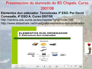 Presentacións do alumnado do IES Chapela. Curso 2007/08 Elementos dun ordenador. Tecnoloxías 3º ESO. Por David Comeselle, 4º ESO A. Curso 2007/08  http://centros.edu.xunta.es/ieschapela/?q=gl/node/140 http://www.slideshare.net/mveiguela/elementos-dun-ordenador 