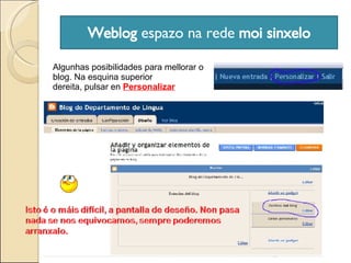Weblog  espazo na rede  moi sinxelo Algunhas posibilidades para mellorar o blog. Na esquina superior dereita, pulsar en  Personalizar 