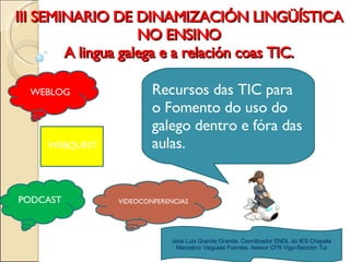 III SEMINARIO DE DINAMIZACIÓN LINGÜÍSTICA NO ENSINO A lingua galega e a relación coas TIC. WEBQUEST Recursos das TIC para o Fomento do uso do galego dentro e fóra das aulas. WEBLOG PODCAST VIDEOCONFERENCIAS Jose Luis Grande Grande. Coordinador ENDL do IES Chapela Marcelino Veiguela Fuentes. Asesor CFR Vigo-Sección Tui 