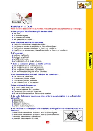 .149.
Exercice n° 1 : QCM
Pour chacune des questions suivantes, relevez la (ou les deux) réponse(s) correcte(s).
1- Les synapses neuro-neuroniques existent dans :
a. les nerfs
b. la substance grise.
c. la substance blanche.
d. les ganglions rachidiens.
2- La substance blanche est constituée :
a. de corps cellulaires et des cellules gliales.
b. de fibres nerveuses amyélinisées et des cellules gliales.
c. de fibres nerveuses myélinisées et des corps cellulaires.
d. des fibres nerveuses nues, des cellules gliales et des corps cellulaires.
3- L’axone est:
a. toujours myélinisée.
b. toujours amyélinisé.
c. une fibre nerveuse.
d. un prolongement du corps cellulaire.
4- Dans la substance grise de la moelle épinière:
a. les fibres nerveuses sont myélinisées.
b. les fibres nerveuses sont amyélinisées.
c. les corps cellulaires sont à aspect étoilé.
d. les dendrites sont longues et non ramifiées.
5- La racine antérieure d’un nerf rachidien est constituée :
a. par des fibres nerveuses.
b. uniquement par des axones.
c. uniquement par des dendrites.
d. par des dendrites et des axones.
6- Les cellules gliales assurent :
a. la nutrition des neurones.
b. la régénérescence des neurones.
c. l’isolement électrique des neurones.
d. la transmission synaptique du message nerveux.
7- La partie de la racine postérieure située entre le ganglion spinal et le nerf rachidien
comporte :
a. des axones.
b. des dendrites.
c. des corps cellulaires.
d. une ou plusieurs synapses.
8- La structure ci-contre représente un schéma d’interprétation d’une structure du tissu
nerveux :
a. la structure est observée au niveau de la substance grise.
b. la structure est observée au niveau de la substance blanche.
c. l’élément 3 représente une dendrite.
d. l’élément 3 représente un axone.
Évaluation
 