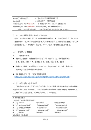 III-10
setwd("c:/Rdemo/") # ファイルを作る場所を指定する
data(iris) # あやめのデータを呼び出す
write.csv(iris, file="iris.csv") # 指定フォルダに、iris.csv が保存される
write.csv(iris, file="iris1.csv", quote=FALSE, row.names=FALSE)
# iris1.csv は行ラベルなしで、文字データにクォーテーションをつけない
３．４ コード履歴の保存: テキストファイル
R のコンソールで実行したコマンド類の履歴の保存は、メニューバーから「ファイル」⇒
「履歴の保存」でファイル名選択のダイアログが表示される。保存される履歴コードファ
イルの拡張子は、「. Rhistory」になり、テキストエディタで開くことができる。
４. グラフィック関係
４．１ 色指定の方法
 番号による指定: plot 関数のオプションで、「col=2」という形で指定する
1 黒、2 赤、3 緑、4 青、5 水色、6 紫、7 黄、8 灰、9 黒、10 赤…
 色名による指定: plot 関数のオプションで、「col="red"」という形で指定する
colors() で色名の一覧が表示される
 16 進数のカラーコードによる指定も可能
http://research.stowers.org/mcm/efg/R/Color/Chart/ColorChart.pdf
４．２ カラーパレットについて
カラーパレットとは、グラフィックを作成するときに使用する色の組合のセットを指す。
既存のカラーパレットの一覧は、パッケージ RColorBrewer の関数 display.brewer.all()に
より確認することができる。代表的なものは、以下のとおり。
# R の色名の表示
colors() #色名が表示される
# [1] "white" "aliceblue" "antiquewhite"
# [4] "antiquewhite1" "antiquewhite2" "antiquewhite3"
# [7] "antiquewhite4" "aquamarine " "aquamarine1"
# [10] "aquamarine2" "aquamarine3" "aquamarine4"
# [13] "azure" "azure1" "azure2"
#色の表示（赤,青,緑）
 