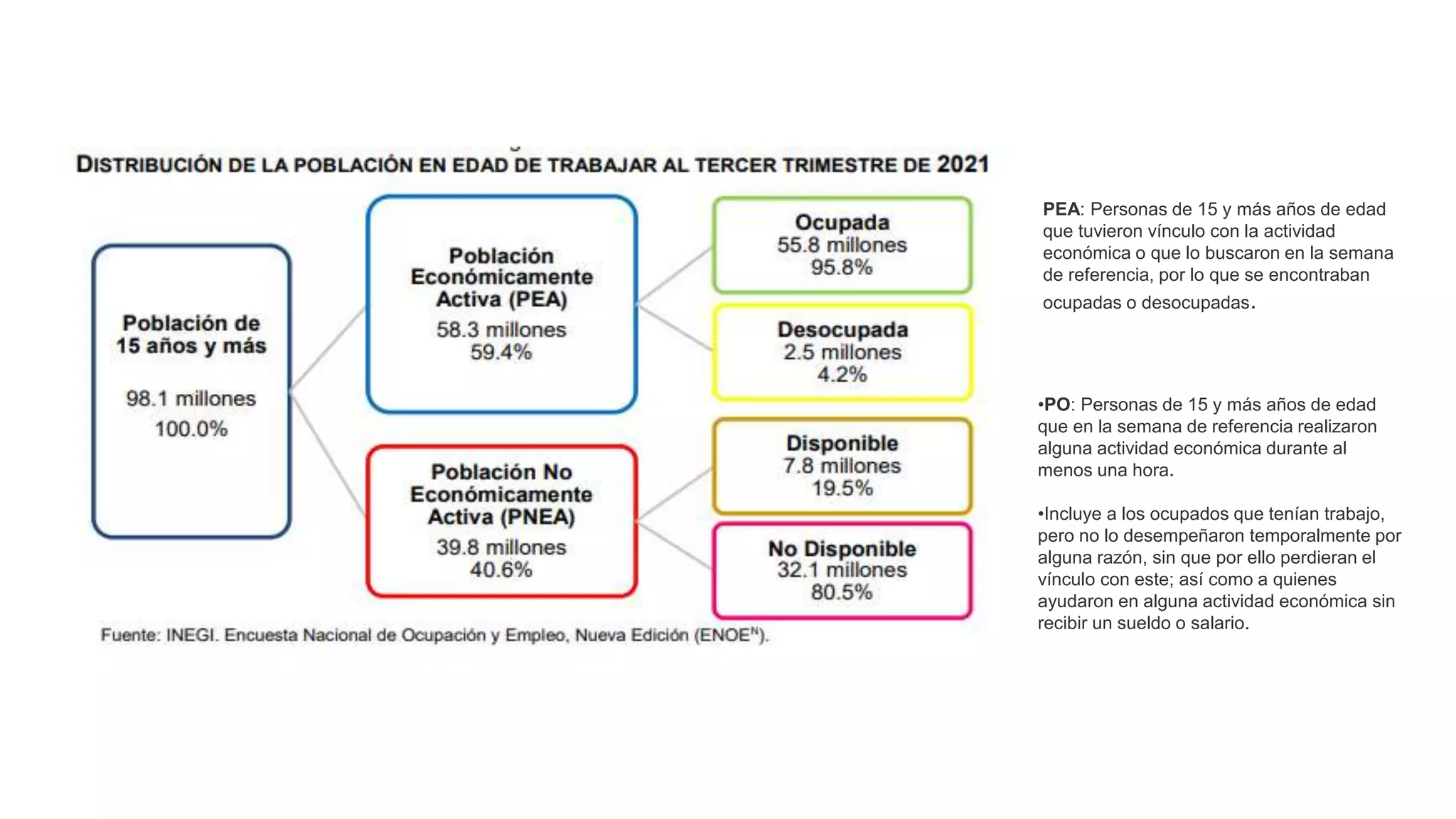 PEA: Personas de 15 y más años de edad
que tuvieron vínculo con la actividad
económica o que lo buscaron en la semana
de referencia, por lo que se encontraban
ocupadas o desocupadas.
•PO: Personas de 15 y más años de edad
que en la semana de referencia realizaron
alguna actividad económica durante al
menos una hora.
•Incluye a los ocupados que tenían trabajo,
pero no lo desempeñaron temporalmente por
alguna razón, sin que por ello perdieran el
vínculo con este; así como a quienes
ayudaron en alguna actividad económica sin
recibir un sueldo o salario.
 