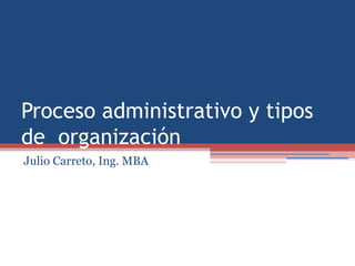 Proceso administrativo y tipos
de organización
Julio Carreto, Ing. MBA
 