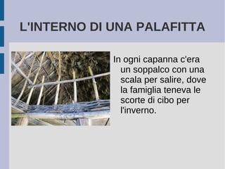 L'INTERNO DI UNA PALAFITTA
In ogni capanna c'era
un soppalco con una
scala per salire, dove
la famiglia teneva le
scorte di cibo per
l'inverno.
 