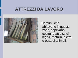 ATTREZZI DA LAVORO
I Camuni, che
abitavano in queste
zone, sapevano
costruire attrezzi di
legno, metallo, pietra
e ossa di animali.
 
