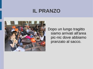 IL PRANZO
Dopo un lungo tragitto
siamo arrivati all'area
pic-nic dove abbiamo
pranzato al sacco.
 