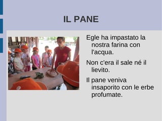 IL PANE
Egle ha impastato la
nostra farina con
l'acqua.
Non c'era il sale né il
lievito.
Il pane veniva
insaporito con le erbe
profumate.
 