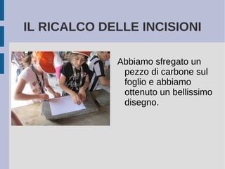 IL RICALCO DELLE INCISIONI
Abbiamo sfregato un
pezzo di carbone sul
foglio e abbiamo
ottenuto un bellissimo
disegno.
 