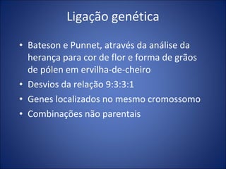 Ligação genética Bateson e Punnet, através da análise da herança para cor de flor e forma de grãos de pólen em ervilha-de-cheiro Desvios da relação 9:3:3:1 Genes localizados no mesmo cromossomo Combinações não parentais 