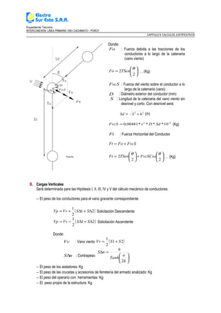 Expediente Técnico:
INTERCONEXIÓN LÍNEA PRIMARIA 10KV CACHIMAYO – POROY
CAPITULO II: CALCULOS JUSTIFICATIVOS
Donde:
Fo : Fuerza debida a las tracciones de los
conductores a lo largo de la catenaria
(vano viento)






=
2
2
θ
TSenFo … (Kg)
FvcS : Fuerza del viento sobre el conductor a lo
largo de la catenaria (vano)
D : Diámetro exterior del conductor (mm)
S : Longitud de la catenaria del vano viento sin
desnivel y corto. Con desnivel será:
22
hSSd += (m)
32
10****00481,0 −
= SdDvFvcS (Kg)
Ft : Fuerza Horizontal del Conductor
FvcSFoFt +=






+





=
22
2
θθ
FvcSCosTSenFt … (Kg)
B. Cargas Verticales
Será determinada para las Hipótesis I, II, III, IV y V del cálculo mecánico de conductores.
− El peso de los conductores para el vano gravante correspondiente.
( )21
2
1
∆+∆+= SSVvVp Solicitación Descendente
( )21
2
1
∆+∆−= SSVvVp Solicitación Ascendente
Donde:
Vv : Vano viento ( )21
2
1
SSVv +=
nS∆ : Contrapeso






=∆
k
a
Tanh
h
nS
2
− El peso de los aisladores: Kg
− El peso de las crucetas y accesorios de ferretería del armado analizado: Kg
− El peso del operario con herramientas: Kg
− El peso propio de la estructura: Kg
 