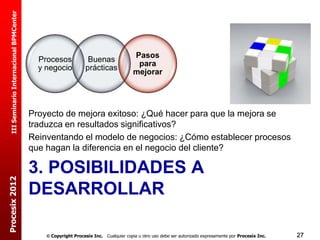 III Seminario Internacional BPMCenter




                                                                                      Pasos
                                            Procesos             Buenas
                                                                                       para
                                            y negocio           prácticas
                                                                                      mejorar




                                          Proyecto de mejora exitoso: ¿Qué hacer para que la mejora se
                                          traduzca en resultados significativos?
                                          Reinventando el modelo de negocios: ¿Cómo establecer procesos
                                          que hagan la diferencia en el negocio del cliente?

                                          3. POSIBILIDADES A
Procesix 2012




                                          DESARROLLAR

                                               Copyright Procesix Inc. Cualquier copia u otro uso debe ser autorizado expresamente por Procesix Inc.   27
 