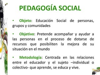 PEDAGOGÍA SOCIAL
• Objeto: Educación Social de personas,
grupos y comunidades

• Objetivo: Pretende acompañar y ayudar a
las personas en el proceso de dotarse de
recursos que posibiliten la mejora de su
situación en el mundo

• Metodología: Centrada en las relaciones
entre el educador y el sujeto –individual o
colectivo- que aprende, se educa y vive.
 