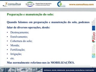 Preparação e manutenção do solo:
Quando falamos em preparação e manutenção do solo, podemos
falar de diversos operações, desde:
• Destroçamento;
• Enrelvamento;
• Cobertura do solo;
• Monda;
• Fertilização;
• Irrigação;
• etc.
Mas normalmente referimo-nos às MOBILIZAÇÕES.
 