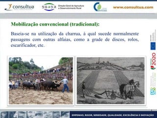 Baseia-se na utilização da charrua, à qual sucede normalmente
passagens com outras alfaias, como a grade de discos, rolos,
escarificador, etc.
Mobilização convencional (tradicional):
 