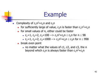42
Example
 Complexity of c1n2+c2n and c3n
 for sufficiently large of value, c3n is faster than c1n2+c2n
 for small values of n, either could be faster
 c1=1, c2=2, c3=100 --> c1n2+c2n  c3n for n  98
 c1=1, c2=2, c3=1000 --> c1n2+c2n  c3n for n  998
 break even point
 no matter what the values of c1, c2, and c3, the n
beyond which c3n is always faster than c1n2+c2n
 