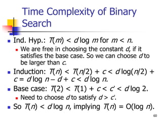 60
Time Complexity of Binary
Search
 Ind. Hyp.: T(m) < d log m for m < n.
 We are free in choosing the constant d, if it...