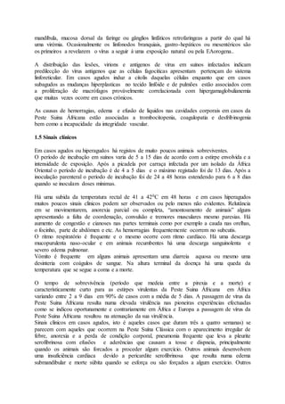 mandíbula, mucosa dorsal da faringe ou gânglios linfáticos retrofaringeas a partir do qual há
uma virémia. Ocasionalmente os línfonodos branquiais, gastro-hepáticos ou mesentéricos são
os primeiros a revelarem o vírus a seguir à uma exposição natural ou pela EAorogena..
A distribuição das lesões, virions e antigenos de vírus em suínos infectados indicam
predilecção do vírus antigenos que as células fagociticas apresentam pertençam do sistema
linforeticular. Em casos agudos induz a citolis daquelas células enquanto que em casos
subagudos as mudanças hiperplasticas no tecido linfóide e de pulmões estão associados com
a proliferação de macrófagos provávelmente correlacionada com hipergamaglobulianemia
que muitas vezes ocorre em casos crónicos.
As causas de hemorragias, edema e efusão de liquidos nas cavidades corporais em casos da
Peste Suina Áfricana estão associadas a trombocitopenia, coagulopatia e desfribinogenia
bem como a incapacidade da integridade vascular.
1.5 Sinais clínicos
Em casos agudos ou hiperagudos há registos de muito poucos animais sobreviventes.
O período de incubação em suínos varia de 5 a 15 dias de acordo com a estirpe envolvida e a
intensidade de exposição. Após a picadela por carraça infectada por um isolado da África
Oriental o período de incubação é de 4 a 5 dias e o máximo registado foi de 13 dias. Após a
inoculação parenteral o período de incubação foi de 24 a 48 horas estendendo para 6 a 8 dias
quando se inoculam doses mínimas.
Há uma subida da temperatura rectal de 41 a 420C em 48 horas e em casos hiperagudos
muitos poucos sinais clínicos podem ser observados ou pelo menos não evidentes. Relutância
em se movimentarem, anorexia parcial ou completa, “amontoamento de animais” alguns
apresentando a falta de coordenação, convulsão e tremores musculares mesmo paresias. Há
aumento de congestão e cianoses nas partes terminais como por exemplo a cauda nas orelhas,
o focinho, parte de abdómen e etc. As hemorragias frequentemente ocorrem no subcutis.
O ritmo respiratório é frequente e o mesmo ocorre com ritmo cardíaco. Há uma descarga
mucopurulenta naso-ocular e em animais recumbentes há uma descarga sanguinolenta e
severo edema pulmonar.
Vómito é frequente em alguns animais apresentam uma diarreia aquosa ou mesmo uma
desinteria com coágulos de sangue. Na altura terminal da doença há uma queda da
temperatura que se segue a coma e a morte.
O tempo de sobrevivência (período que medeia entre a pirexia e a morte) e
característicamente curto para as estirpes virulentas da Peste Suina Áfricana em África
variando entre 2 a 9 dias em 90% de casos com a média de 5 dias. A passagem de vírus da
Peste Suina Áfricana resulta numa elevada virulência nas pioneiras experiências efectuadas
como se indicou oportunamente e contrariamente em África e Europa a passagem de vírus da
Peste Suina Áfricana resultou na atenuação da sua virulência.
Sinais clínicos em casos agudos, isto é aqueles casos que duram três a quatro semanas) se
parecem com aqueles que ocorrem na Peste Suína Clássica com o aparecimento irregular de
febre, anorexia e a perda de condição corporal, pneumonia frequente que leva a pleurite
serofibrinosa com efusões e aderências que causam a tosse e dispneia, principalmente
quando os animais são forcados a proceder algum exercício. Outros animais desenvolvem
uma insuficiência cardíaca devido a pericardite serofibrinosa que resulta numa edema
submandibular e morte súbita quando se esforça ou são forçados a algum exercício. Outros
 