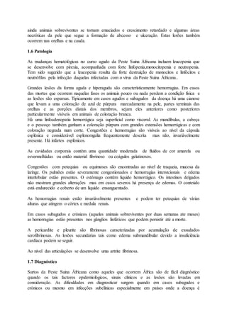 ainda animais sobreviventes se tornam emaciados e crescimento retardado e algumas áreas
necróticas da pele que segue a formação de abcesso e ulceração. Estas lesões também
ocorrem nas orelhas e na cauda.
1.6 Patologia
As mudanças hematológicas no curso agudo da Peste Suina Áfricana incluem leucopenia que
se desenvolve com pirexia, acompanhada com forte linfopenia,monocitopenia e neutropenia.
Tem sido sugerido que a leucopenia resulta da forte destruição de monocitos e linfócitos e
neutrófilos pela infecção daquelas infectadas com o vírus da Peste Suina Áfricana..
Grandes lesões da forma aguda e hiperaguda são característicamente hemorragias. Em casos
das mortes que ocorrem naquelas fases os animais pouco ou nada perdem a condição física e
as lesões são esparsas. Tipicamente em casos agudos e subagudos da doença há uma cianose
que levam a uma coloração de azul de púrpura marcadamente na pele, partes terminais das
orelhas e as porções distais dos membros, sejam eles anteriores como posteriores
particularmente visíveis em animais de coloração branca.
Há uma linfoadenopatia hemorrágica seja superficial como visceral. As mandíbulas, a cabeça
e o pescoço também ganham a coloração púrpura com grandes extensões hemorrágicas e com
coloração negrada num corte. Congestões e hemorragias são visíveis ao nível da cápsula
esplénica e considerável esplenomgalia frequentemente descrita mas não, invariávelmente
presente. Há infartos esplénicos.
As cavidades corporais contêm uma quantidade moderada de fluídos de cor amarela ou
esvermelhádas ou então material fibrinoso ou coágulos gelatinosos.
Congestões com petequias ou equimoses são encontradas ao nível de traqueia, mucosa da
laringe. Os pulmões estão severamente congestionados e hemorragias interstcionais e edema
interlobular estão presentes. O estômago contêm liquido hemorrágico. Os intestinos delgados
não mostram grandes alterações mas em casos severos há presença de edemas. O conteúdo
está endurecido e coberto de um liquido ensanguentado.
As hemorragias renais estão invariávelmente presentes e podem ter petequias de várias
alturas que atingem o córtex e medula renais.
Em casos subagudos e crónicos (aqueles animais sobreviventes por duas semanas ate meses)
as hemorragias estão presentes nos gânglios linfáticos que podem persistir até a morte.
A pericardite e pleurite são fibrinosas caracterizadas por acumulação de exsudados
serofibrinosas. As lesões secundárias tais como edema submandibular devido a insuficiência
cardíaca podem se seguir.
Ao nível das articulações se desenvolve uma artrite fibrinosa.
1.7 Diagnóstico
Surtos da Peste Suina Áfricana como aqueles que ocorrem África são de fácil diagnóstico
quando os tais factores epidemiológicos, sinais clínicos e as lesões são levadas em
consideração. As dificuldades em diagnosticar surgem quando em casos subagudos e
crónicos ou mesmo em infecções subclínicas especialmente em países onde a doença é
 