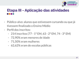 17
- Público-alvo: alunos que estivessem cursando ou que já
tivessem ﬁnalizado o Ensino Médio
- Perﬁl dos inscritos:
- 214 inscritos (77 - 1° EM, 63 - 2° EM, 74 - 3° EM)
- 72,90% eram menores de idade
- 71,50% eram mulheres
- 62,62% eram de escolas públicas
Etapa III - Aplicação das atividades
 
