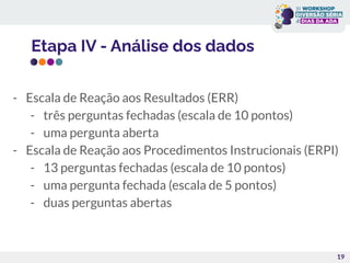 Etapa IV - Análise dos dados
19
- Escala de Reação aos Resultados (ERR)
- três perguntas fechadas (escala de 10 pontos)
- uma pergunta aberta
- Escala de Reação aos Procedimentos Instrucionais (ERPI)
- 13 perguntas fechadas (escala de 10 pontos)
- uma pergunta fechada (escala de 5 pontos)
- duas perguntas abertas
 