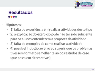Resultados
26
- Hipóteses:
- 1) falta de experiência em realizar atividades deste tipo
- 2) a explicação do exercício pode não ter sido suﬁciente
para os alunos entenderem a proposta da atividade
- 3) falta de exemplos de como realizar a atividade
- 4) possível indução ao erro ao sugerir que os problemas
tivessem formato semelhante ao dos estudos de caso
(que possuem alternativas)
 