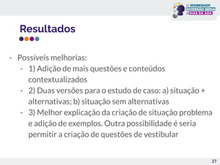 Resultados
27
- Possíveis melhorias:
- 1) Adição de mais questões e conteúdos
contextualizados
- 2) Duas versões para o estudo de caso: a) situação +
alternativas; b) situação sem alternativas
- 3) Melhor explicação da criação de situação problema
e adição de exemplos. Outra possibilidade é seria
permitir a criação de questões de vestibular
 