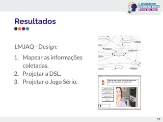 Resultados
77
LMJAQ - Design:
1. Mapear as informações
coletadas.
2. Projetar a DSL.
3. Projetar o Jogo Sério.
 