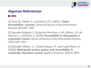 Algumas Referências
[1] Yuan, B., Folmer, E., and Harris, F. C. (2011). Game
Accessibility: a survey. Universal Access in the information
Society, 10(1):81–100.
[2] Aguado-Delgado, J., Gutierrez-Martinez, J.-M., Hilera, J. R., de
Marcos, L., and Otón, S. (2020). Accessibility in video games: a
systematic review. Universal Access in the Information Society,
19(1):169–193.
[3] Salvador-Ullauri, L., Acosta-Vargas, P., and Luján-Mora, S.
(2020). Web-based serious games and accessibility: A
systematic literature review. Applied Sciences, 10(21):7859.
94
 