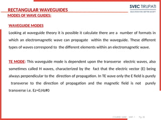 COURSE: MWE UNIT: 1 Pg. 20
MODES OF WAVE GUIDES:
WAVEGUIDE MODES
Looking at waveguide theory it is possible it calculate there are a number of formats in
which an electromagnetic wave can propagate within the waveguide. These different
types of waves correspond to the different elements within an electromagnetic wave.
TE MODE: This waveguide mode is dependent upon the transverse electric waves, also
sometimes called H waves, characterized by the fact that the electric vector (E) being
always perpendicular to the direction of propagation. In TE wave only the E field is purely
transverse to the direction of propagation and the magnetic field is not purely
transverse i.e. Ez=0,Hz#0
2
RECTANGULAR WAVEGUIDES
 