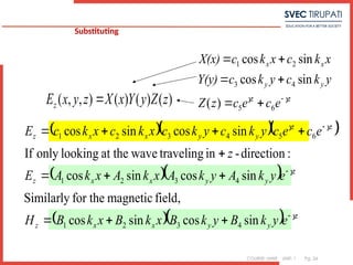 COURSE: MWE UNIT: 1 Pg. 24
Substituting
z
z
y
y
x
x
e
c
e
c
z
Z
y
k
c
y
k
c
Y(y)
x
k
c
x
k
c
X(x)

 






6
5
4
3
2
1
)
(
sin
cos
sin
cos
)
(
)
(
)
(
)
,
,
( z
Z
y
Y
x
X
z
y
x
Ez 
   
  
   z
y
y
x
x
z
z
y
y
x
x
z
z
z
y
y
x
x
z
e
y
k
B
y
k
B
x
k
B
x
k
B
H
e
y
k
A
y
k
A
x
k
A
x
k
A
E
z
e
c
e
c
y
k
c
y
k
c
x
k
c
x
k
c
E


















sin
cos
sin
cos
,
field
magnetic
for the
Similarly
sin
cos
sin
cos
:
direction
-
in
traveling
wave
at the
looking
only
If
sin
cos
sin
cos
4
3
2
1
4
3
2
1
6
5
4
3
2
1
 