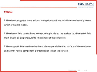 COURSE: MWE UNIT: 1 Pg. 37
MODES:
The electromagnetic wave inside a waveguide can have an infinite number of patterns
which are called modes.
The electric field cannot have a component parallel to the surface i.e. the electric field
must always be perpendicular to the surface at the conductor.
The magnetic field on the other hand always parallel to the surface of the conductor
and cannot have a component perpendicular to it at the surface.
3
 