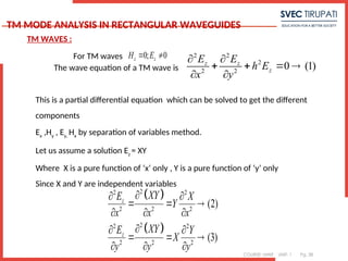 COURSE: MWE UNIT: 1 Pg. 38
TM MODE ANALYSIS IN RECTANGULAR WAVEGUIDES
For TM waves 0; 0
z z
H E
 
The wave equation of a TM wave is
2 2
2
2 2
0 (1)
z z
z
E E
h E
x y
 
   
 
This is a partial differential equation which can be solved to get the different
components
Ex
,Hy
, Ey,
Hx
by separation of variables method.
Let us assume a solution Ez
= XY
Where X is a pure function of ‘x’ only , Y is a pure function of ‘y’ only
Since X and Y are independent variables
 
 
2
2 2
2 2 2
2
2 2
2 2 2
(2)
(3)
z
z
XY
E X
Y
x x x
XY
E Y
X
y y y

 
  
  

 
  
  
TM WAVES :
 