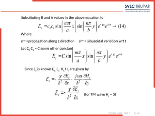 COURSE: MWE UNIT: 1 Pg. 43
2 4 sin sin (14)
z j t
z
m n
E c c x y e e
a b
 
  
   
 
   
   
sin sin z j t
z
m n
E C x y e e
a b
 
  
   
    
   
Substituting B and A values in the above equation is
Where
e-γz
=propagation along z direction ejωt
= sinusoidal variation wrt t
Let C2
C4
= C some other constant
2 2
z z
x
E H
j
E
h x h y
 
 
 
 
2
z
x
E
E
h x
 


Since Ez
is known Ex,
Ey,
Hx,
Hy
are given by
(for TM wave Hz
= 0)
 