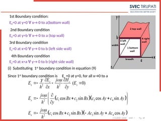 COURSE: MWE UNIT: 1 Pg. 49
1st Boundary condition:
EX=0 at y=0 x→ 0 to a(bottom wall)
∀
2nd Boundary condition
EX=0 at y=b x→ 0 to a (top wall)
∀
3rd Boundary condition
Ey=0 at x=0 y→ 0 to b (left side wall)
∀
4th Boundary condition
Ey=0 at x=a y→ 0 to b (right side wall)
∀
(i) Substituting 1st
boundary condition in equation (9)
Since 1st
boundary condition is Ex
=0 at y=0, for all x→0 to a
  
  
2 2
1 2 3 4
2
1 2 3 4
2
( 0)
cos sin cos sin
cos sin sin cos
z z
x z
x
x
E H
j
E E
h x h y
j
E c Bx c Bx c Ay c Ay
h y
j
E c Bx c Bx Ac Ay Ac Ay
h
 


 
  
 
 

  
 

 
   
 