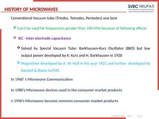 COURSE: MWE UNIT: 1 Pg. 5
HISTORY OF MICROWAVES

Conventional Vacuum tube (Triodes, Tetrodes, Pentodes) was best
 Can’t be used for frequencies greater than 100 MHz because of following effects
 IEC –Inter electrode capacitance
 Solved by Special Vacuum Tube: Barkhausen-Kurz Oscillator (BKO) but low
output power developed by K. Kurz and H. Barkhausen in 1920
 Magnetron developed by A. W. Hull in the year 1921 and further developed by
Randoll & Boots in1939.

In 1960’ s Microwave Communication

In 1980’s Microwave devices used in the consumer market products

n 1990’s Microwave became common consumer market products
 