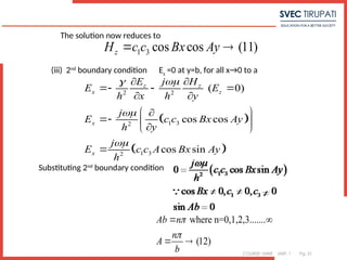 COURSE: MWE UNIT: 1 Pg. 51
The solution now reduces to
1 3 cos cos (11)
z
H c c Bx Ay
 
(iii) 2nd
boundary condition Ez
=0 at y=b, for all x→0 to a
 
 
2 2
1 3
2
1 3
2
( 0)
cos cos
cos sin
z z
x z
x
x
E H
j
E E
h x h y
j
E c c Bx Ay
h y
j
E c c A Bx Ay
h
 


 
  
 
 

  

 

Substituting 2nd
boundary condition
where n=0,1,2,3.......
(12)
Ab n
n
A
b


 
 
 