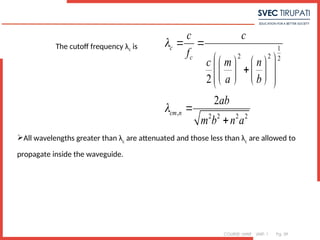 COURSE: MWE UNIT: 1 Pg. 59
The cutoff frequency λc is 1
2 2 2
, 2 2 2 2
2
2
c
c
cm n
c c
f
c m n
a b
ab
m b n a


 
 
   

 
   
 
   
 


All wavelengths greater than λc
are attenuated and those less than λc
are allowed to
propagate inside the waveguide.
 