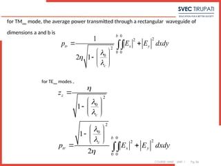 COURSE: MWE UNIT: 1 Pg. 86
for TMmn
mode, the average power transmitted through a rectangular waveguide of
dimensions a and b is
0
2
2
2
0 0
0
1
2 1
b
tr x y
c
p E E dxdy



 
 
  
 

for TEmn
modes ,
2
0
2
0
0
2
2
0 0
1
1
2
z
c
b
c
tr x y
z
p E E dxdy







 
  
 
 
  
 
 

 