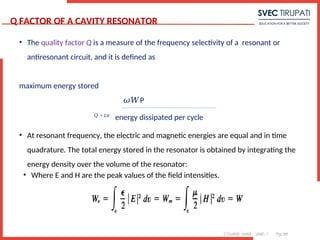 COURSE: MWE UNIT: 1 Pg. 89
• The quality factor Q is a measure of the frequency selectivity of a resonant or
antiresonant circuit, and it is defined as
maximum energy stored
𝜔𝑊P
𝑄 = 2𝜋
energy dissipated per cycle
• At resonant frequency, the electric and magnetic energies are equal and in time
quadrature. The total energy stored in the resonator is obtained by integrating the
energy density over the volume of the resonator:
Q FACTOR OF A CAVITY RESONATOR
• Where E and H are the peak values of the field intensities.
 
