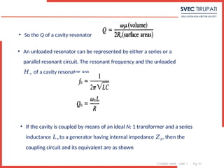 COURSE: MWE UNIT: 1 Pg. 91
• So the Q of a cavity resonator
• An unloaded resonator can be represented by either a series or a
parallel resonant circuit. The resonant frequency and the unloaded
𝐻𝑛 of a cavity resonator are
• If the cavity is coupled by means of an ideal N: 1 transformer and a series
inductance 𝐿𝑠 to a generator having internal impedance 𝑍𝑔, then the
coupling circuit and its equivalent are as shown
 
