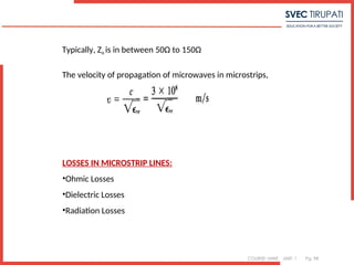 COURSE: MWE UNIT: 1 Pg. 98
Typically, Zo is in between 50Ω to 150Ω
The velocity of propagation of microwaves in microstrips,
LOSSES IN MICROSTRIP LINES:
•Ohmic Losses
•Dielectric Losses
•Radiation Losses
 