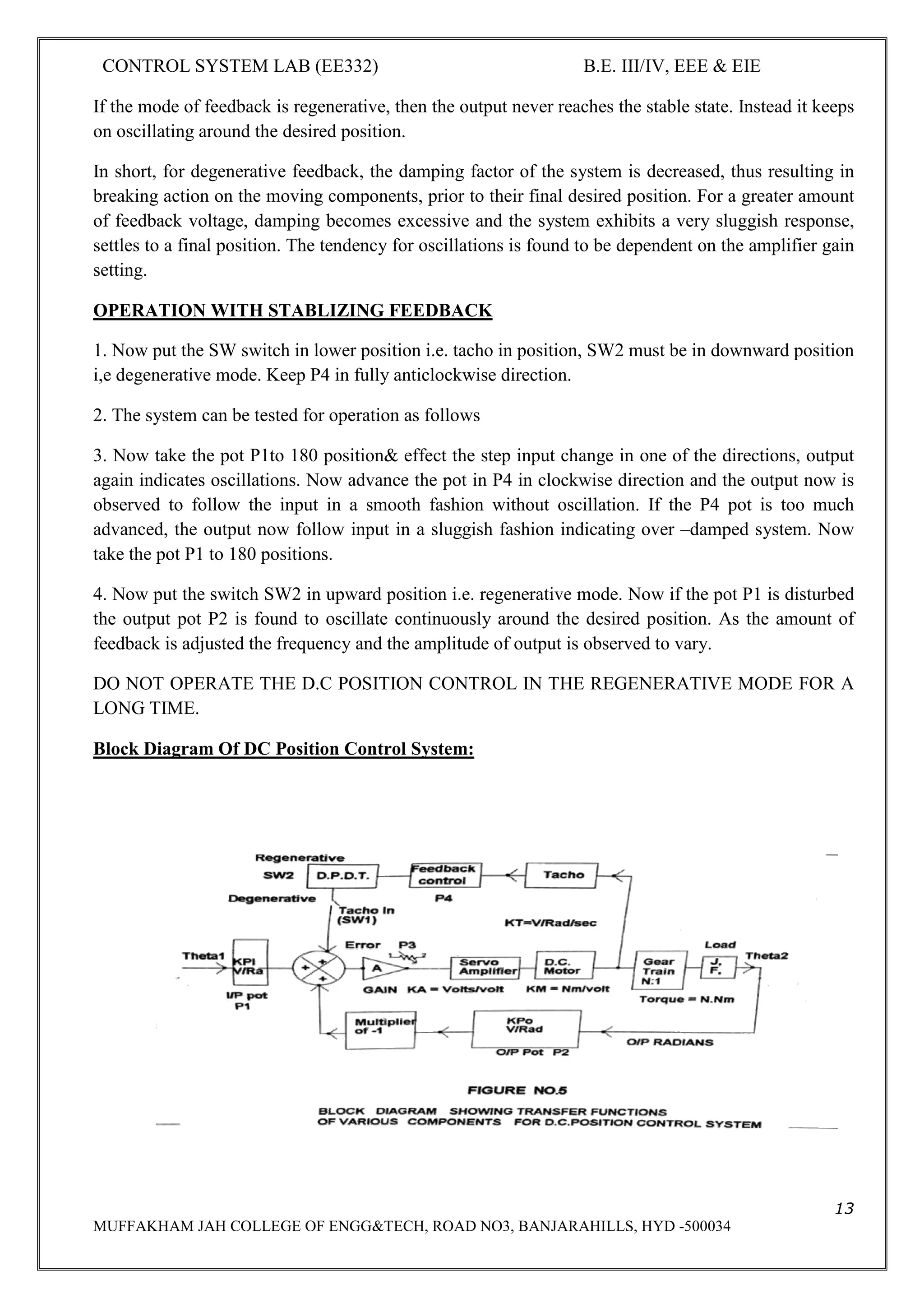 CONTROL SYSTEM LAB (EE332) B.E. III/IV, EEE & EIE
3
MUFFAKHAM JAH COLLEGE OF ENGG&TECH, ROAD NO3, BANJARAHILLS, HYD -500034
LIST OF EXPERIMENTS
CONTROL SYSTEMS LAB(EE332)
1. Characteristics of DC Servomotor.
2. AC Position control system.
3. DC Position control system.
4. ON/OFF Temperature Control system.
5. Step response of second order system.
6. Characteristics of AC Servomotor.
7. Characteristics of synchro pair .
8. Frequency response analysis of LEAD compensating network
9. Frequency response analysis of LAG compensating network
10.Temperature control system using PID.
11. Level control system.
12. Step response and frequency response of a given plant
 