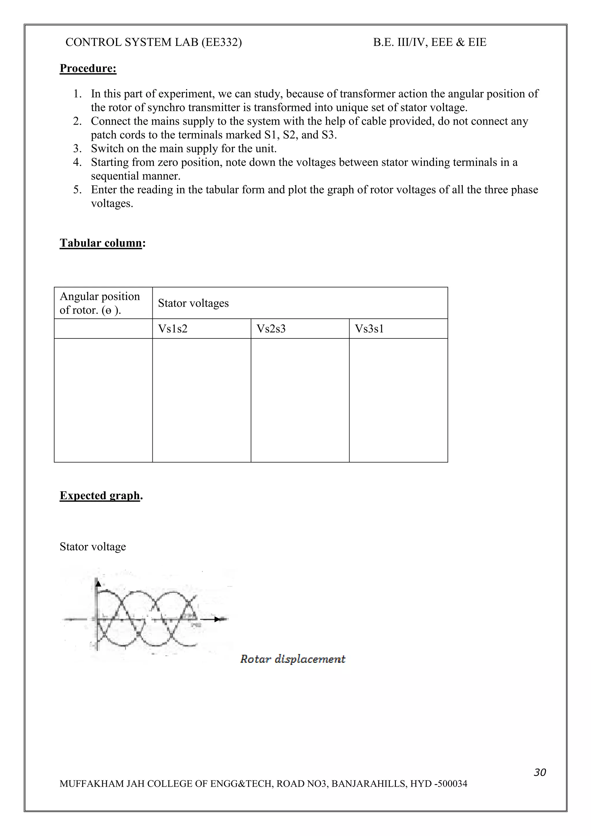 CONTROL SYSTEM LAB (EE332) B.E. III/IV, EEE & EIE
6
MUFFAKHAM JAH COLLEGE OF ENGG&TECH, ROAD NO3, BANJARAHILLS, HYD -500034
Block Diagram Of DC Servomotor
Procedure:-
Armature Control:
1. Adjust T1 at setting with the help of knob K.
2. Ensure the POT P1 (speed control) is in the maximum anti clock wise position. Switch on
supply.
3. Connect a digital or analog Multimeter across the terminals marked armature to measure
armature voltage in the range volts.
4. Adjust P1 and P2 so that Va= and Vf= volts.
5. Note down T1, T2 and speed and enter the results in the table 1.
6. Adjust T1 up to in the steps of to get a set of readings.
7. Now for Va= volts etc repeat step no 6.
8. From table no 1, plot the speed torque characteristics.
 