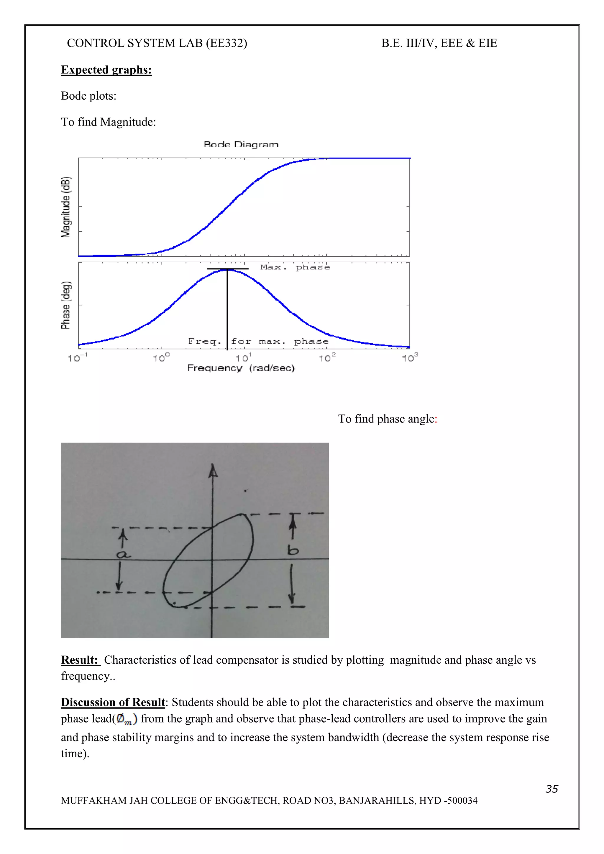 CONTROL SYSTEM LAB (EE332) B.E. III/IV, EEE & EIE
35
MUFFAKHAM JAH COLLEGE OF ENGG&TECH, ROAD NO3, BANJARAHILLS, HYD -500034
Expected graphs:
Bode plots:
To find Magnitude:
To find phase angle:
Result: Characteristics of lead compensator is studied by plotting magnitude and phase angle vs
frequency..
Discussion of Result: Students should be able to plot the characteristics and observe the maximum
phase lead( from the graph and observe that phase-lead controllers are used to improve the gain
and phase stability margins and to increase the system bandwidth (decrease the system response rise
time).
 